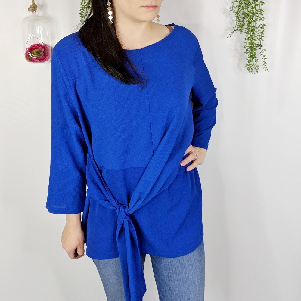 GIBSON tie front crepe top royal blue NWOT 0570 - Picture 5 of 8